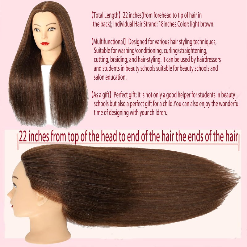 simnient Mannequin Head with 100% Real Hair, 20"Nature Brown Cosmetology Manikin Head Hair Styling Hairdressing Practice Styling Training Doll Heads with Clamp Holder clips and comb - Image 4